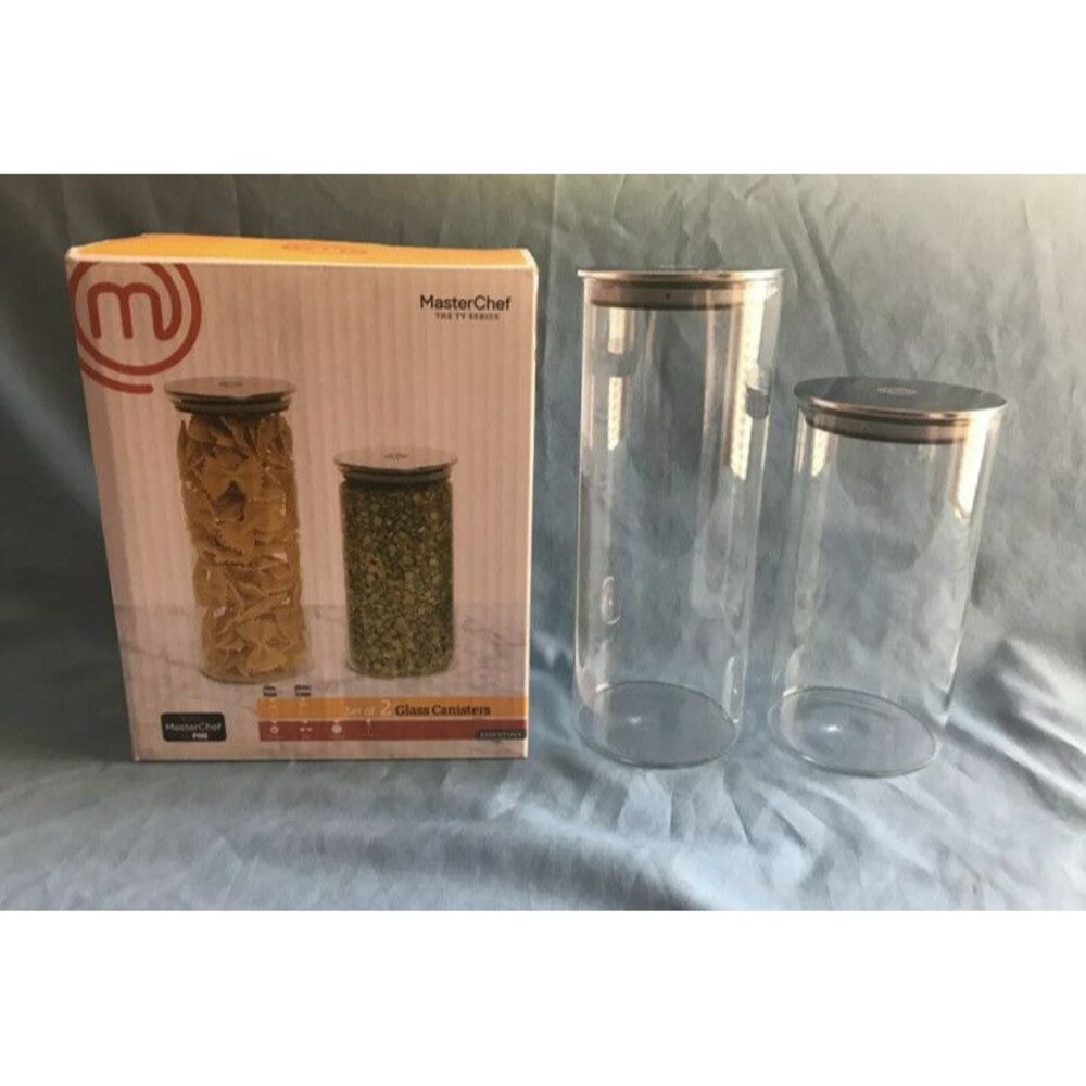 Set of 2 Clear Glass Master Chef Canisters Sealing Stainless Lids 6.5” & 8.5” - Picture 8 of 9